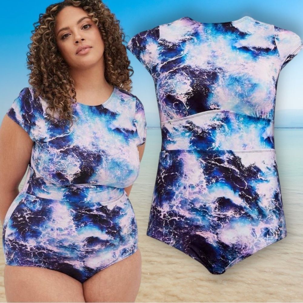 Torrid Blue Ocean Waves Active Wireless Scoop Back One Piece Swimsuit NEW - Picture 1 of 14